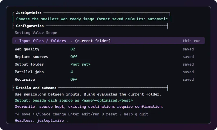 JustOptimize console preview with input, quality, output, and saved settings, plus its equivalent headless command