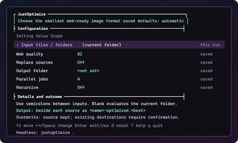 JustOptimize console preview with input, quality, output, and saved settings, plus its equivalent headless command