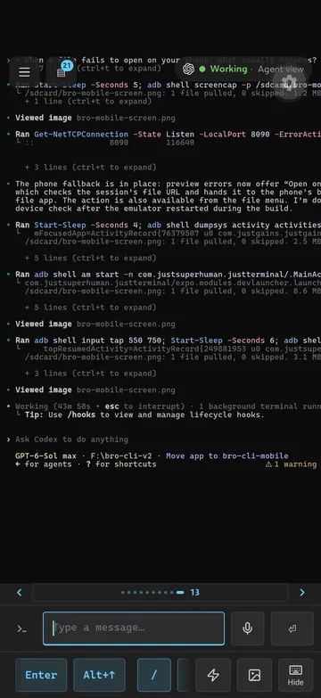 Mobile companion showing a live Codex session