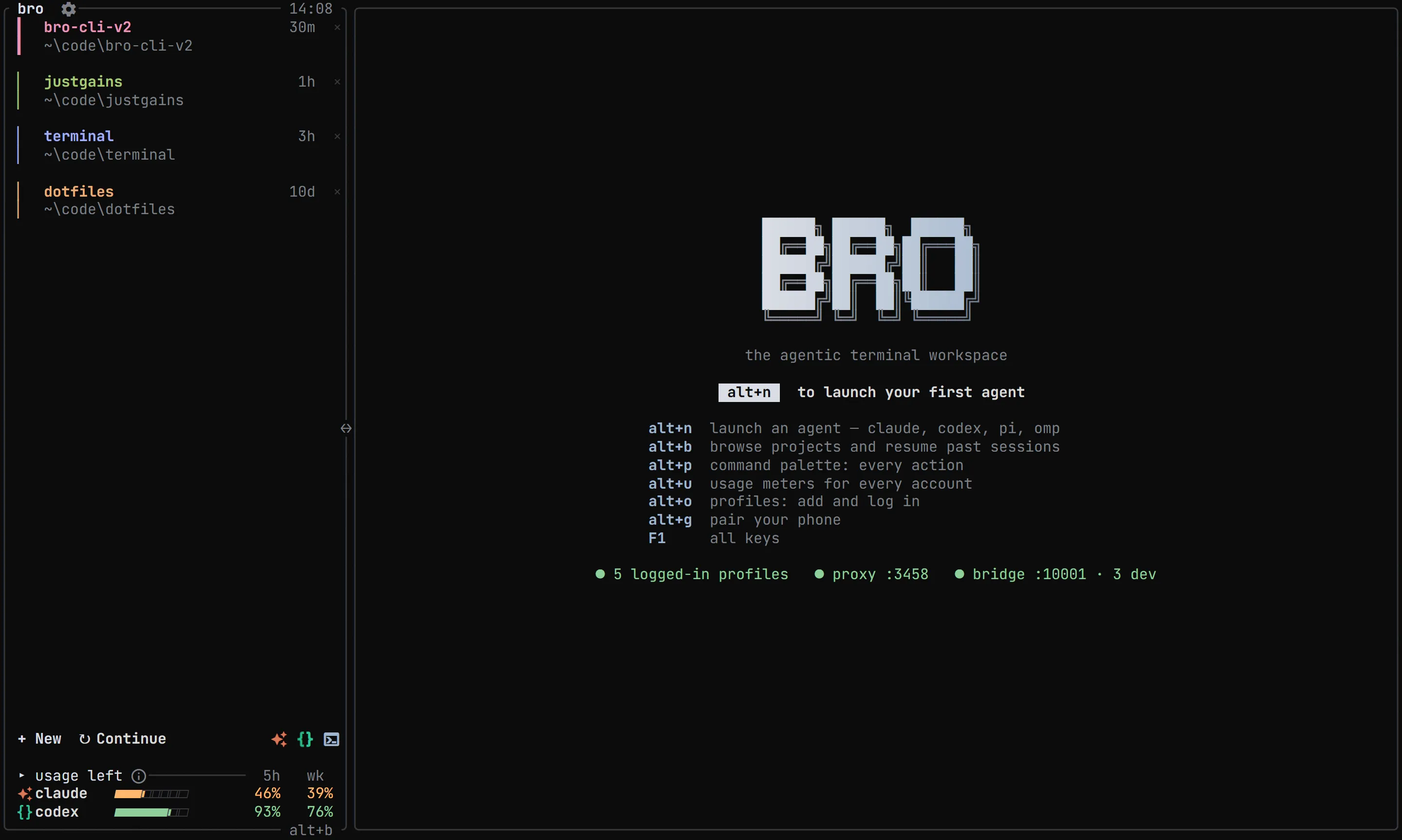 bro welcome screen with key bindings
