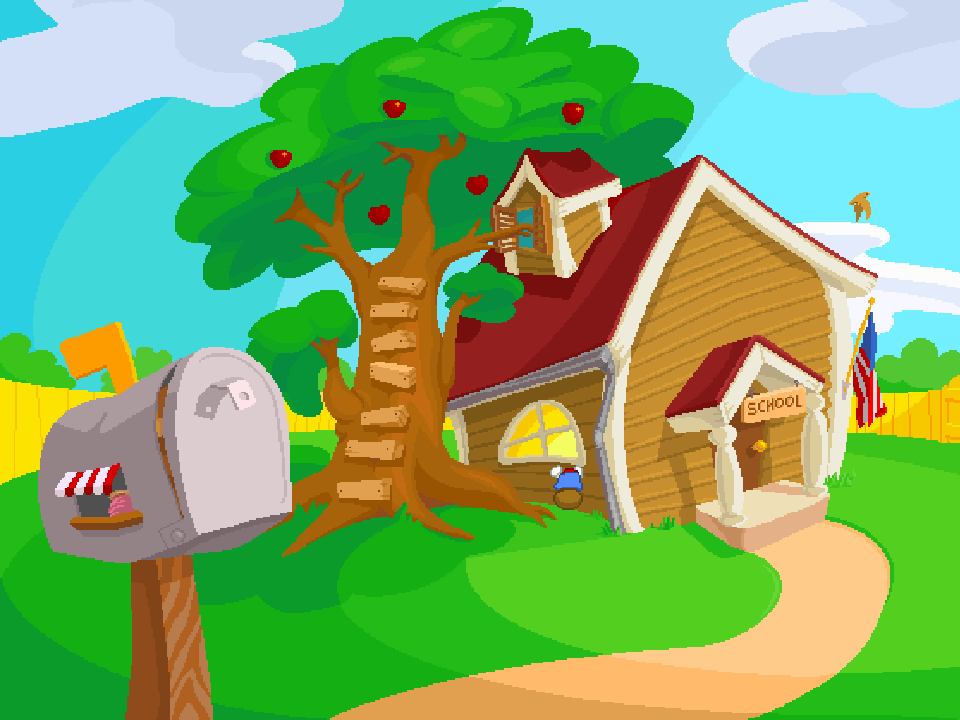 The colorful schoolhouse and apple tree in JumpStart 2nd Grade