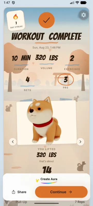 JustGains workout complete screen